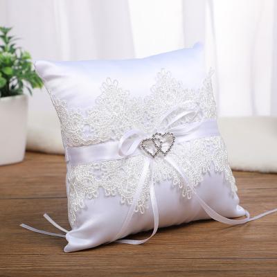 China 6 Inch Unique Romantic Wedding Ring Pillow Cushion Bearer For Beach Wedding Lace Up Pearl White Crystal Rose Wedding Heart Ring Holder for sale