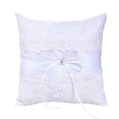 China Unique Romantic Lace Pearl Wedding Ring Pillow Cushion Bearer for Beach Wedding White Crystal Rose Wedding Heart Ring Box Lace Ring for sale