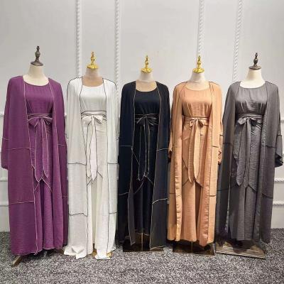 China Wholesale Modest Muslimah Styling Islamic Clothing 2022 3 Piece Set Qatar Abaya Designs Solid Color With Edge For Muslim Dress Dubai Women Open Abaya for sale