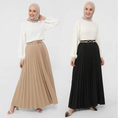 China Polyester Fashion Women Solid Midi Skirt Elegant Casual Elastic Waist Mid Line Long Maxi Skirt Muslim Pleated Skirt for sale