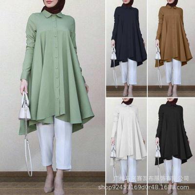 China Women's TRANSLUCENT Muslim Blouse Tunic Dress Islamic Modest Tops Solid Color Lapel Button Placket Dovetail Edge Curved Long Sleeve Blouse for sale