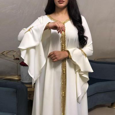 China Islamic clothing Abaya dress Malay middle east lotus leaf sleeve embroidered gold lace robe jalabiya muslim women for sale