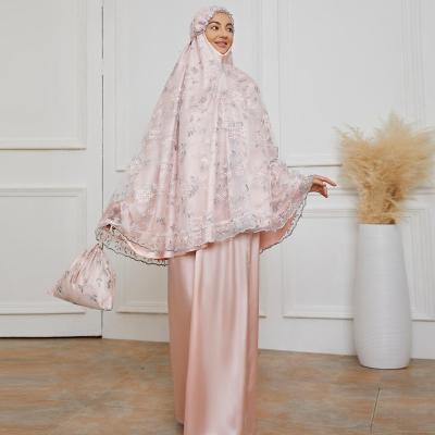 China Ramadan Dress Festival Swing Lace Satin Dress 2 Piece Dubai Dresses With Sash Tudung Khimar Robe Luxury Satin Prayer Telekung Jilbab for sale