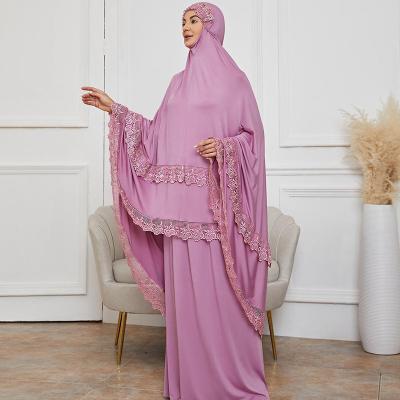 China Malaysia Ramadan Muslim Women Eid Modest Robe Satin Milk Muslim Tudung Silk Telekung Lace Edge Jilbab Abaya 2 Pieces for sale