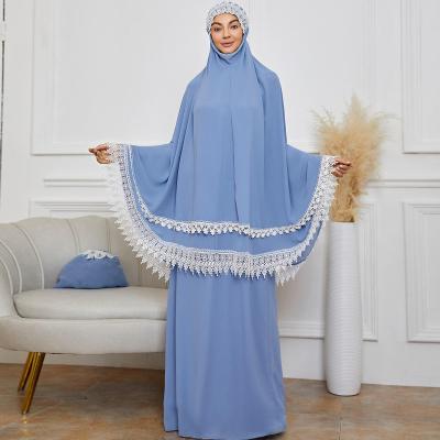 China 2022 Muslim Prayer Jilbab Telekung Satin Lace Edge Dress Malaysia Tudung Khimar 2 Piece Jilbab Abaya Women's Satin Lace Embroidery for sale