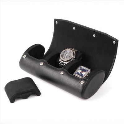 China Recyclable Custom Logo Black Real Leather Luxury Watch Boxes For Watches for sale