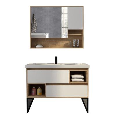 China Best Modern New Modern Laundry Cabinet Cream Floor Mounted Metal Leg Shower Bathroom Medicine Vanity With Sink for sale