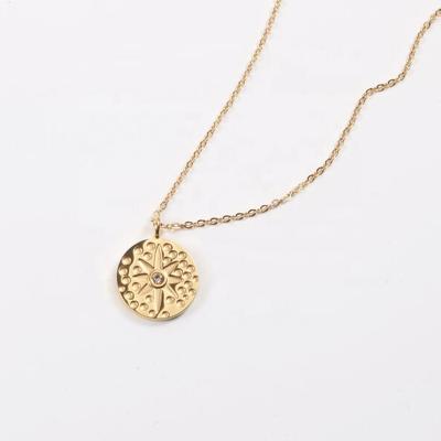 China TRENDY 18K Gold Plated Large CZ Stainless Steel Jewelry Circle Sunset Stone Flower Pendant Necklace for sale