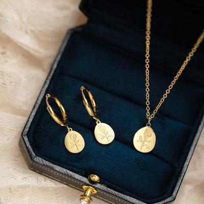 China 2022 Fashion Romantic Women Jewelry Waterproof Stainless Steel Rose Flower Pendant Necklace Earrings Gold Plated Set Valentine's Day Gift for sale