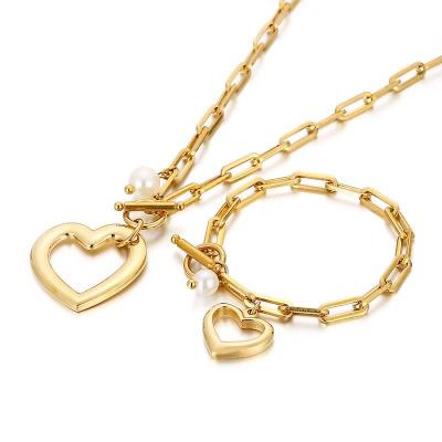 China Fashion IDS Stainless Steel Bracelet Heart Charm Romantic Gold Plated Thick Link Chain Choker Necklace Women Girls Gold Jewelry for sale