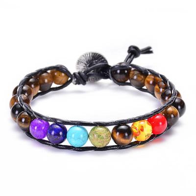 China Romantic Leather Rope Handmade Bracelet Woven Yoga Energy Seven Chakras Handcraft Bracelet with Natural Tiger Eye for sale