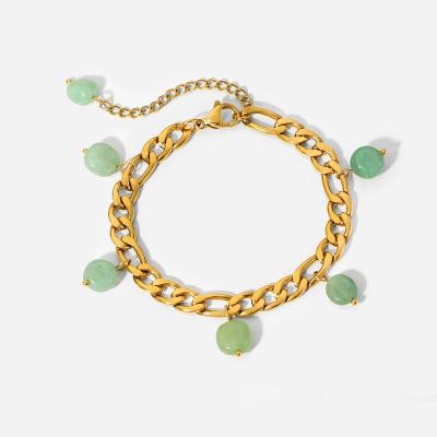 China Trendy Valentine's Ins Green Aventurine Charm Chain Bracelet Stainless Steel Figaro Chain Bracelet Cuban Jewelry Gift For Women for sale