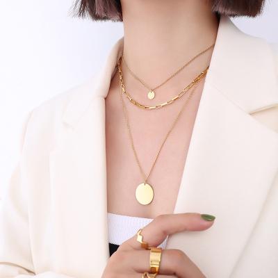 China Trendy Ins Style Gold Color 3 Layer Stainless Steel Disc Round Multilayer Necklace Women Trendy Jewelry for sale