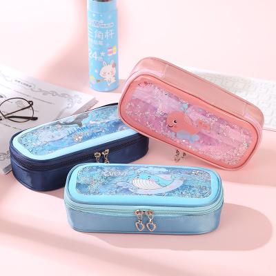 China Double Zipper Closure Zipper Stationery Box Whale Quicksand Oil Floating Pen Bag Cartoon Anime Pencil Bag for sale