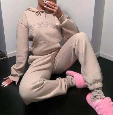 China Anti-pilling Women Clothes Custom Premium Rhinestone Oversized Velour Tracksuit Set Sweet Colors Sweatshirt Outfits Hoodies for sale