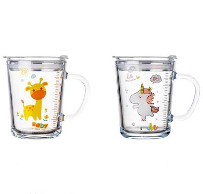 China 350ml 12oz Cartoon Child Tall Borosilica Glass Cup With Measuring Straw Kids Milk Cups With Scale Lid Water Bottle With Handle for sale