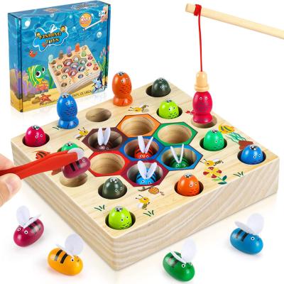 China Electronic Toy 2 in 1 Montessori Magnetic Puzzle and Bee Board and Motor Skills Game Educational Wooden Fishing Toy for sale