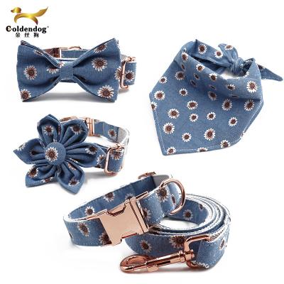 China Free Design Personalized Eco-Friendly Soft Polyester Dog Leash Patterned Custom Printed Denim Pet Collar With Bow for sale