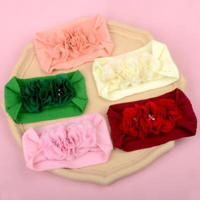 China Hand-stitched Pearl Hair Decoration Three Rhinestone Flowers Elastic Chiffon Nylon Infant Flower Headbands Kids Hair Bands For Babies for sale