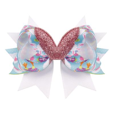 China Decoration Easter Double Strap Ribbed Hair Printed Bunny Egg Lily Headgear Kids Bow Bunny Hairpin For Babies Hair Accessories for sale