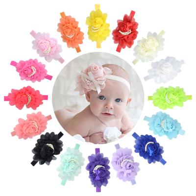 China Sweet 14Cm Chiffon Rose Flower Bud String Of Pearl With Headband For Kids Headwear Hair Accessories for sale