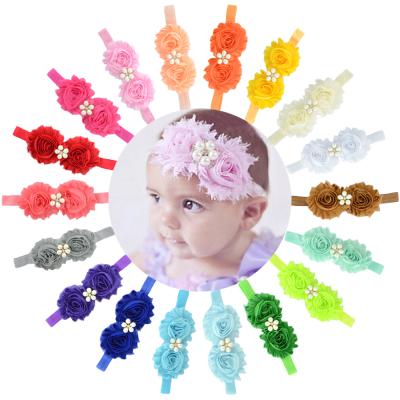 China Hot 6cm Newborn Two Chiffon Floral With Pearl Drill Headband For Girls Children Accessories Kids Hair Band for sale