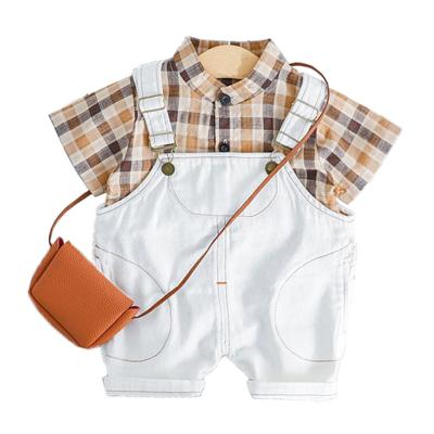 China 2021 Summer Antibacterial Children's Clothing Overall New Baby Nlothes Shorts Suit Fashion Plaid Shirt Denim Short Sleeve for sale