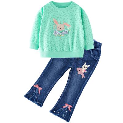 China 2021 New Little Big Girls Casual Pants Set 2pcs Cotton T-shirt And Embroidered Bootcut Jeans for sale