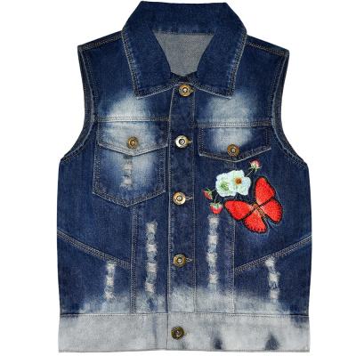 China 2021 Plus Size Kids Clothing Girl Distressed Jacket Butterfly Denim Sleeveless Vest for sale