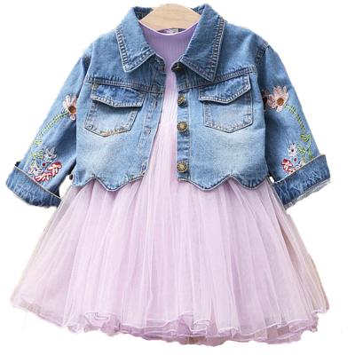 China Premium Embroidery Quality Girls Boutique Clothing Sets Costume Girls Denim Sleeve Jacket Dress for sale