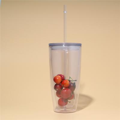 China Sustainable Double Wall Plastic Beverage Cup With Lid And Straw Clear Insulated Tumbler Acrylic Plastic Cup for sale