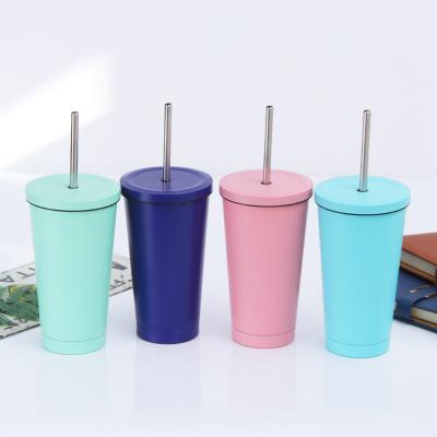 China 16oz Double Wall Stainless Steel Straw Tumbler Vacuum Coffee Cup Viable Insulated Travel Mug With Steel Straw for sale