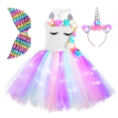 China 2022 children summer princess tutu lace print dress party unicorn mermaid dress anti-static cosplay led causal clothes for sale