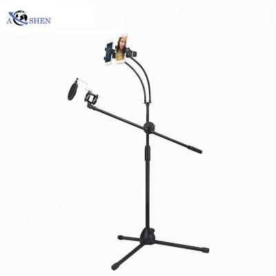 China Kick Drum Mic Stand Microphone Floor Stand with Dual Cell Phone Holder for Live Broadcast Recording for sale