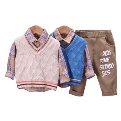 China Casual OEM Outfits Clothes For Boy Kids Plaid Shirt Long Sleeve Knit Sweater Vest Coat Pants Three Piece Set, Boys Outfits Set for sale