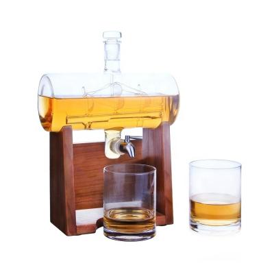 China Eco-Friendly Amazon Hot Sale Borosilicate Bourbon Wine Barrel Liquor Decanter Handcrafted Glass Whiskey Set For Liquor With Glass Box for sale