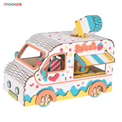 China 3D Building New Design Girls Lace Up Diy Car Bus Model Colorful Cute Handmade Wooden Jigsaw Puzzle Toy Kids 3D for sale