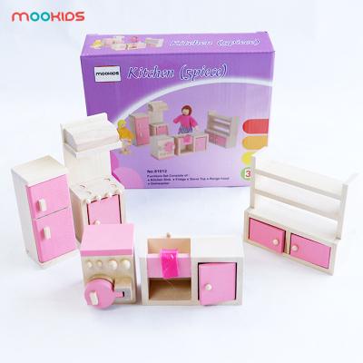 China Study Pretend Toy Cute Early Childhood Role Play Props Wooden Kitchen Doll House Furniture Set For Kids Play for sale