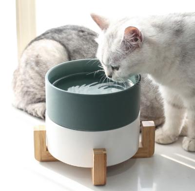 China Wholesale Sustainable Wooden Shelf Double Base Multi Color Ceramic Single Pet Bowl For Cat Dog for sale