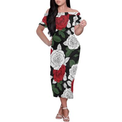 China New Rose Design Shoulder Dress Factory Outlet Holiday Floral Pattern Print Breathable Short Sleeve Dress Wholesale Tattoo Vintage Art for sale