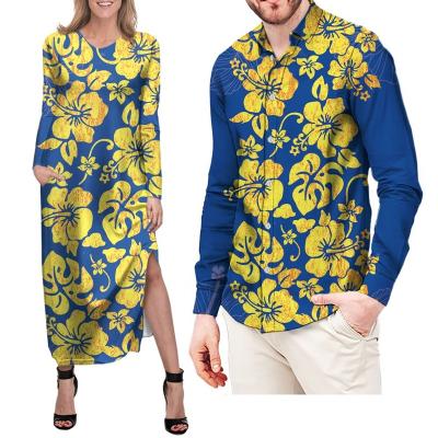 China Lady Party Dress For Ladies Casual Wear Anti-Static Dress Women Matching Long Sleeve Button Shirts Set Men Clothing Couple Clothing 2 Pcs for sale