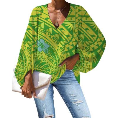 China Breathable Sexy Polynesia Green Print Elegant Women V-Neck Blouses Plus Size Women's Blouses Long Sleeve Women's Blouses And Shirts for sale