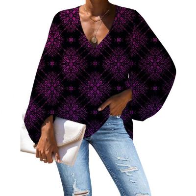 China Breathable Polynesia Casual Purple Women Blouses Simple Print Plus Size Womens Blouses Long Sleeve Woman Tops Fashionable Blouse for sale