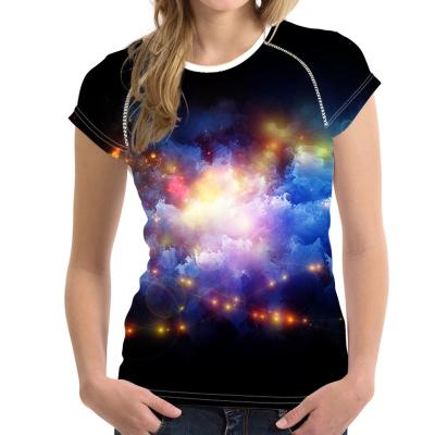 China Unique Design Casual Shirts Anti-wrinkle Women Shiny Fabric Galaxy Printed Lady Summer Short Sleeve Shirt for sale