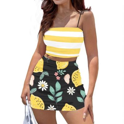 China 2022 New QUICK DRY Design Women's Summer Lemon Print Two Piece Sets Camis Crop Tops And Sleeveless Bodycon Skirts for sale