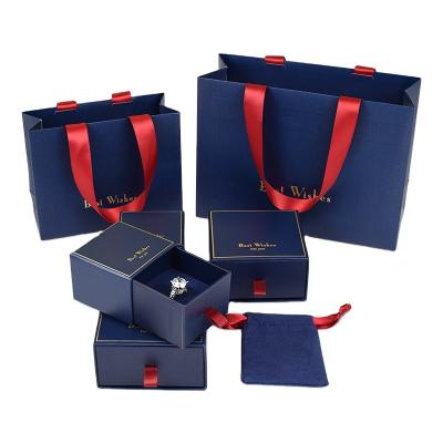 China ROMI Top Quality Blue Paper Classic Elegant Vintage Slide Jewelry Box Luxury Packaging With LOGO Ring Pendant Earring Box For Gift Box for sale