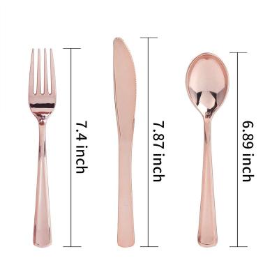 China Disposable Plastic Rose Gold Cutlery Set Plastic Metallic Fork Spoon Knife Safety Silverware For Party for sale