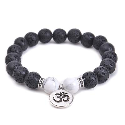 China Fashion OUKE 10mm Black Energy Yoga Lotus OM Charm Bracelet Jewelry for Men Women Buddhist Strand Mala Beaded Natural Stone Bracelet for sale