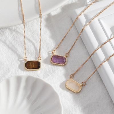 China TRENDY Purple White Brown Tiger Eye Charms Collar Gold Fashion Jewelry Gift For Women Natural Stone Octagon Hexagon Pendant Necklace for sale