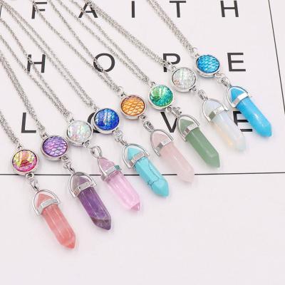 China Fashion Fish Scale Chakra Charm Natural Stone Pendant Necklace Crystal Pendant Necklace Jewelry For Women FASHIONABLE Hexagonal Pillar for sale